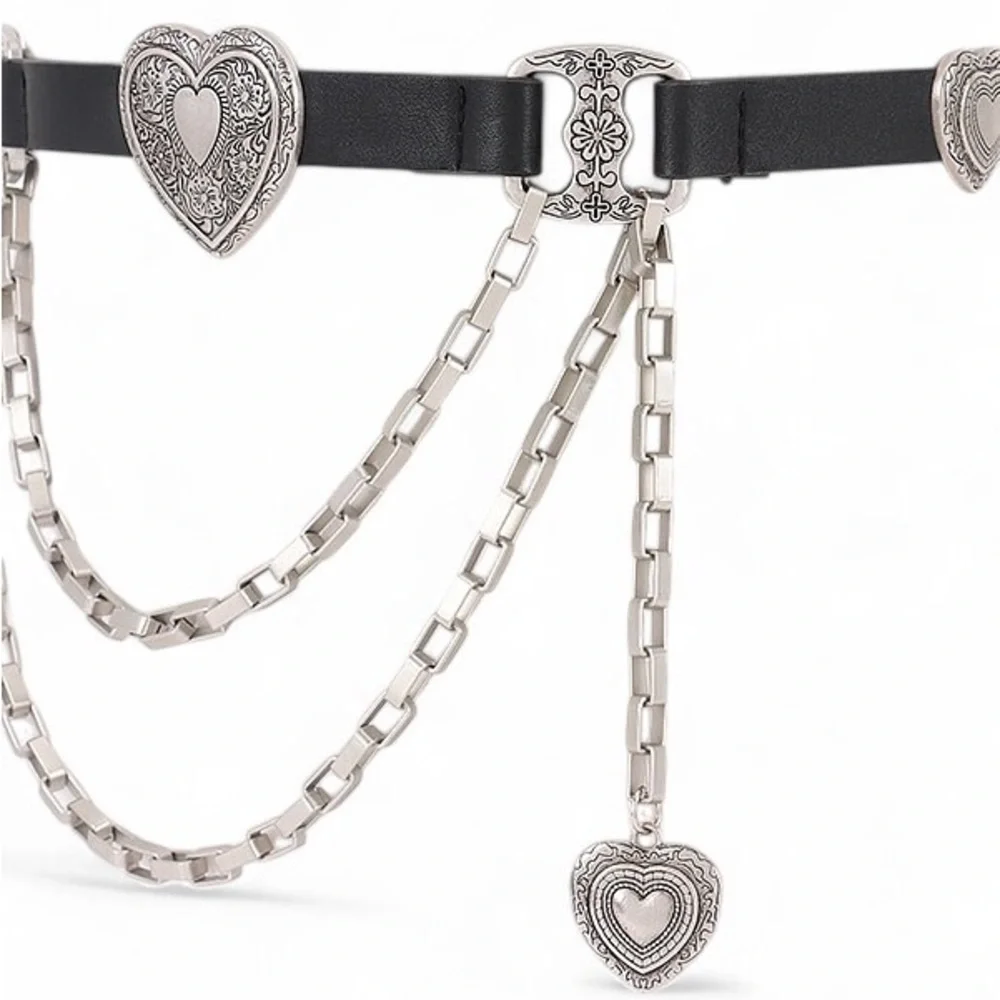 Black Vegan Leather Heart Chain Statement Belt - Gold or Silver